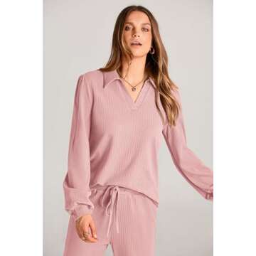 PRETTYGARDEN Women 2024 Fall Clothes 2 Piece Tracksuit Outfit Long Sleeve Lapel V Neck Tops Blouse Wide Leg Pants Lounge Sets (Pink,Medium)