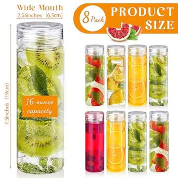 Uiifan 8 Durable Glass Water Bottles with Wide Mouth & Lids for Juice and Smoothies