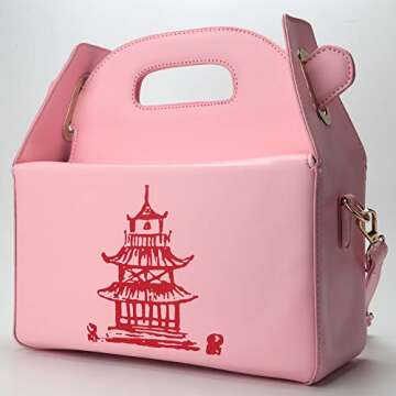 QiMing Tower Print Top-Handle Handbags,Pu Chinese Takeout Box Shoulder Bag for Women(Pink)