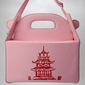QiMing Tower Print Top-Handle Handbags,Pu Chinese Takeout Box Shoulder Bag for Women(Pink)