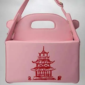 QiMing Tower Print Top-Handle Handbags,Pu Chinese Takeout Box Shoulder Bag for Women(Pink)