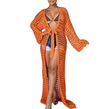 Sheer Bathing Suit Cover Ups for Women - Sexy Open Front Beach Bikini Swimsuit Kimono Cardigan Beachwear with Belt Orange
