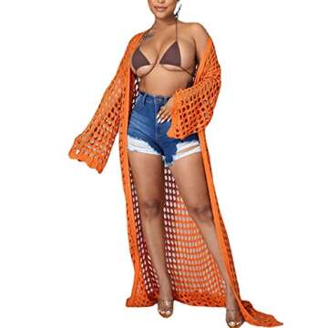 Sheer Bathing Suit Cover Ups for Women - Sexy Open Front Beach Bikini Swimsuit Kimono Cardigan Beachwear with Belt Orange