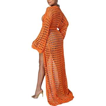 Sheer Bathing Suit Cover Ups for Women - Sexy Open Front Beach Bikini Swimsuit Kimono Cardigan Beachwear with Belt Orange