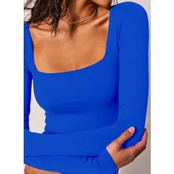 Abardsion 2 Piece Square Neck Tops for Women Slim Fit Double Layer Fall Long Sleeve Crop Top T Shirts(Royal Blue/Red, M)