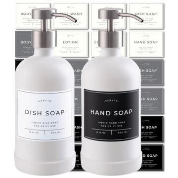 Verute 16oz Glass Soap Dispenser with Stainless Steel Pump, 21 Waterproof Labels, Non-Slip Protectiv...