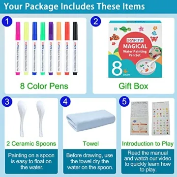 IRWPITW Magic Drawing Pen Bundle, 8 Colors Magical Water Painting Pens for Kids, Kiddies Create Magic Pen Floating Ink Drawings Set with Spoons and Towel, Tattoo Water Marker Gifts for Boys and Girls