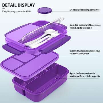 Bento Box, Lunch Box Kids, Bento Lunch Box for Kids/Toddler/Adults, 1300ML-4 Compartment Bento Box Adult Lunch Box w/Food Picks Cake Cups, Built-in Utensil Set, Leak-Proof, Food-Safe Material(Purple)