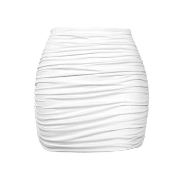 YMDUCH Women's Sexy High Waist Solid Tight Ruched Bodycon Mini Club Skirt in White
