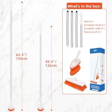 Qaestfy Floor Scrub Brush with Long Handle, Ajustable 62 Inch Handle, 2 Shower Bathtub Scrubber for Cleaning Bathroom Garage Kitchen Deck Tub Tile