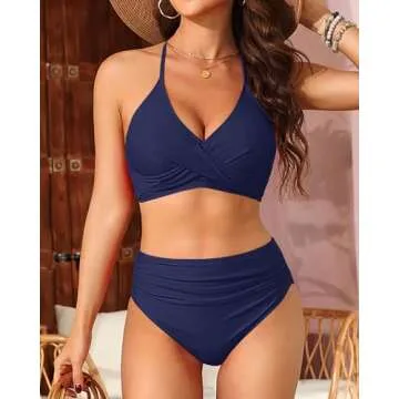 Yonique Women Two Piece High Waisted Bikini Set Halter Swimsuit Twist Front Bathing Suit with Tummy Control Bottoms Blue XL