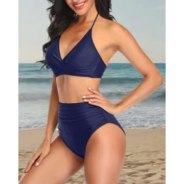 Yonique Women Two Piece High Waisted Bikini Set Halter Swimsuit Twist Front Bathing Suit with Tummy Control Bottoms Blue XL