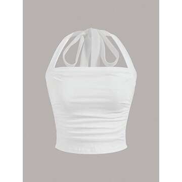 SOLY HUX Women's Ruched Halter Y2K Crop Tops Tie Back Sleeveless Slim Fit Cami Tops Plain White L