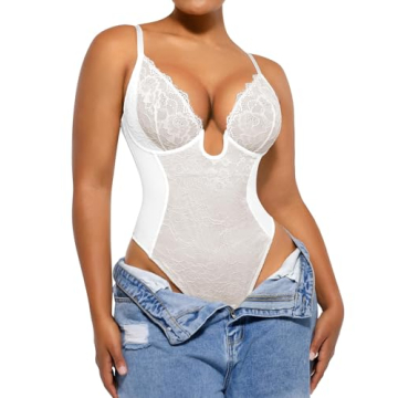 SHAPELLX White Lace Bodysuit Top Women Backless Shapewear Waist Slim Body Suit Thong Bodysuit Tummy ...