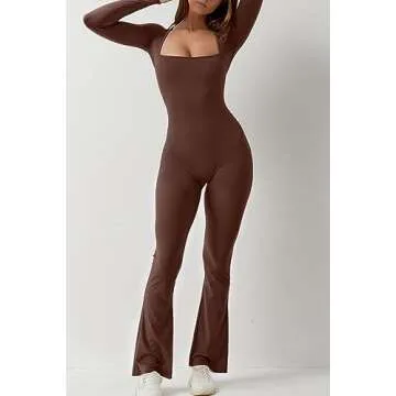 Elegant QINSEN Women's Square Neck Jumpsuit in Coffee Brown