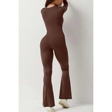 Elegant QINSEN Women's Square Neck Jumpsuit in Coffee Brown