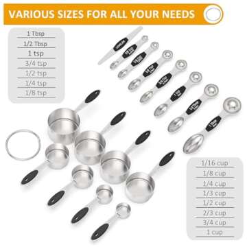 Wildone 16Pc Stainless Steel Measuring Cups Set, 8 Measuring Cups & 7 Double-Sided Magnetic Measuring Spoons Stackable & 1 Leveler (Black)