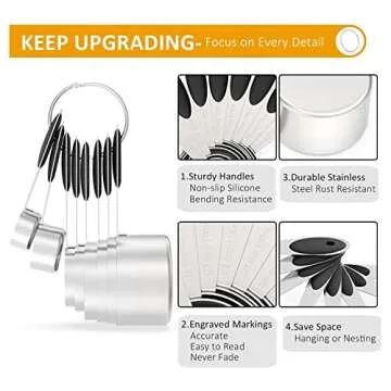 Wildone 16Pc Stainless Steel Measuring Cups Set, 8 Measuring Cups & 7 Double-Sided Magnetic Measuring Spoons Stackable & 1 Leveler (Black)