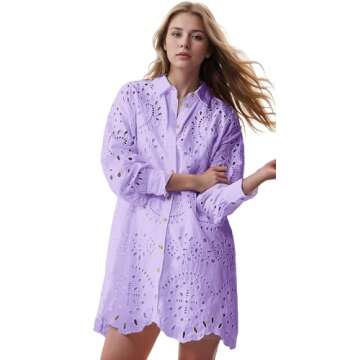CHARTOU Women Eyelet Lace Dress Button Down Shirt Loose Fit Summer Casual Mini Dress (Medium,Purple)