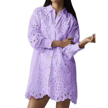 CHARTOU Women Eyelet Lace Dress Button Down Shirt Loose Fit Summer Casual Mini Dress (Medium,Purple)