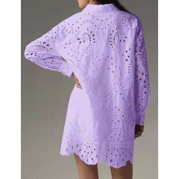 CHARTOU Women Eyelet Lace Dress Button Down Shirt Loose Fit Summer Casual Mini Dress (Medium,Purple)
