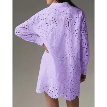 CHARTOU Women Eyelet Lace Dress Button Down Shirt Loose Fit Summer Casual Mini Dress (Medium,Purple)