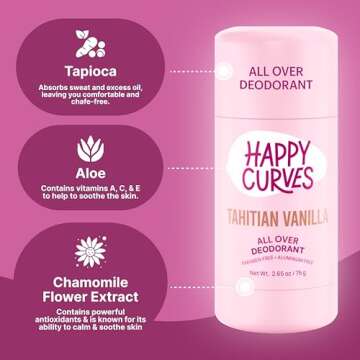 HAPPY CURVES All Over Whole Body Deodorant for Women - Aluminum-Free - Invisibile All Day Layer of Full Body Protection for Odor Control Only, Sensitive Skin, & Private Parts (Tahitian Vanilla)