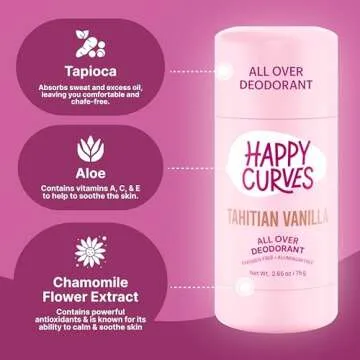 HAPPY CURVES All Over Whole Body Deodorant for Women - Aluminum-Free - Invisibile All Day Layer of Full Body Protection for Odor Control Only, Sensitive Skin, & Private Parts (Tahitian Vanilla)