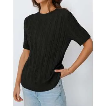 LILLUSORY Womens Short Sleeve Sweater for Women Cable Knit Spring Business Casual Outfits Dressy Work Tops Summer Y2K Shirts Black S
