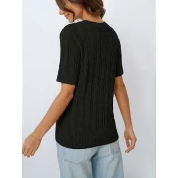 LILLUSORY Womens Short Sleeve Sweater for Women Cable Knit Spring Business Casual Outfits Dressy Work Tops Summer Y2K Shirts Black S