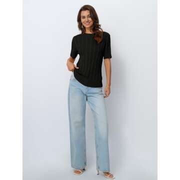 LILLUSORY Womens Short Sleeve Sweater for Women Cable Knit Spring Business Casual Outfits Dressy Work Tops Summer Y2K Shirts Black S