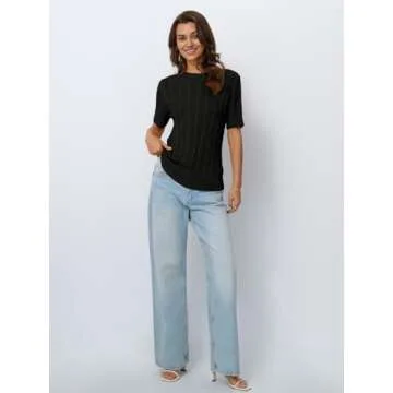 LILLUSORY Womens Short Sleeve Sweater for Women Cable Knit Spring Business Casual Outfits Dressy Work Tops Summer Y2K Shirts Black S