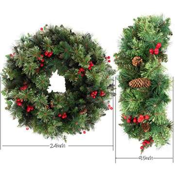 Artificial Christmas Wreath with Pine Cones and Red Berries,24 Inch Xms Decorations Unlit