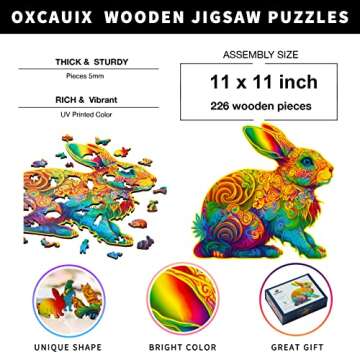 Oxcauix Rabbit Wooden Puzzles for Adults - 226 Pieces Unique Shape Bunny Wood Cut Jigsaw Puzzle, 11"x11", Beautiful Gift Packaging