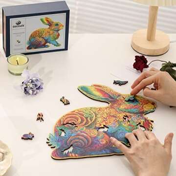 Oxcauix Rabbit Wooden Puzzles for Adults - 226 Pieces Unique Shape Bunny Wood Cut Jigsaw Puzzle, 11"x11", Beautiful Gift Packaging