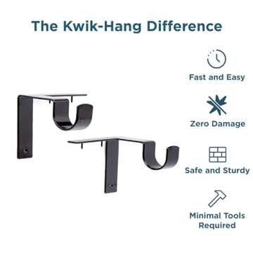 Kwik-Hang Single Curtain Rod Brackets – No Drill, No Damage – Perfect Curtains Every Time – 1?...