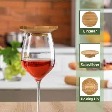 BambooMN Dual Use Bamboo Coasters/Wine Glass Topper, 4" - Vertical Cut - Round - 4 Piece Set