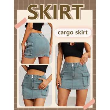 Low Waist Cargo Skirt Women Button Mini Cargo Denim Skirt with Pocket Mini Skirt Grey Blue