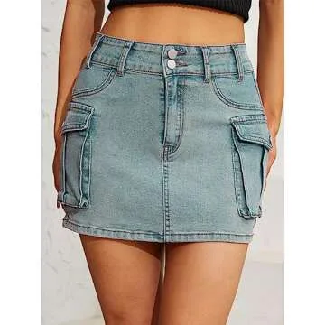 Low Waist Cargo Skirt Women Button Mini Cargo Denim Skirt with Pocket Mini Skirt Grey Blue