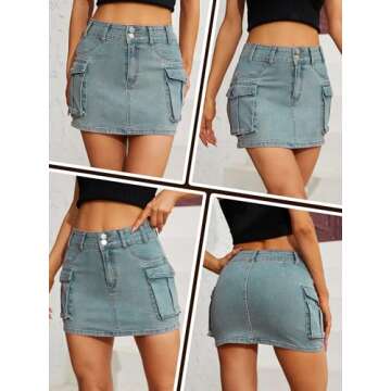 Low Waist Cargo Skirt Women Button Mini Cargo Denim Skirt with Pocket Mini Skirt Grey Blue