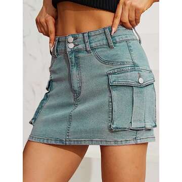 Low Waist Cargo Skirt Women Button Mini Cargo Denim Skirt with Pocket Mini Skirt Grey Blue