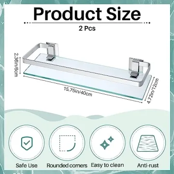 Ripeng 2 Pieces Bathroom Glass Shelf Floating Glass Corner Shelf Aluminum Tempered Glass Wall Shelves Rectangular Rustproof Wall Mounted Storage Organizer for Toilet Shower, Silver