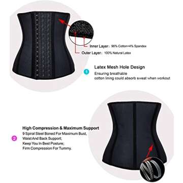 YIANNA Breathable Waist Trainer for Women Underbust Latex Sport Girdle Corsets Cincher Hourglass Body Shaper, (Black, XS)