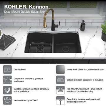 KOHLER Kennon 33 in. Neoroc Composite Top Mount Kitchen Sink, Matte Black