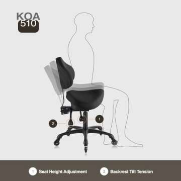 DR.LOMILOMI Pneumatic Swivel Rolling Saddle Chair with Wheels and Ergonomic Back Support for Hair Stylist, Dental Hygienist, Hygienic Clinic, Spa, Massage, Home, Office - 510 KOA (Black, Standard)