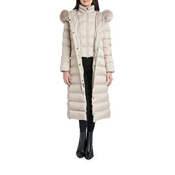 Tahari Nellie Womens Removable Faux Fur Trim Long Down Coat Jacket Ivory Size M