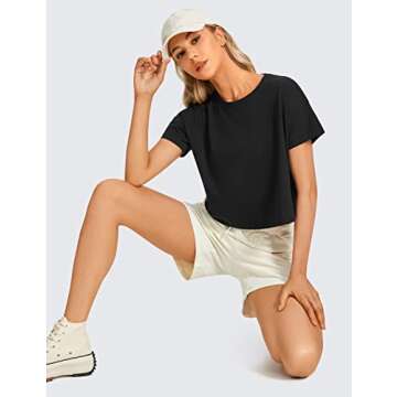 CRZ YOGA Women's Pima Cotton Workout Short Sleeve Shirts Loose Athletic Crop Tops Gym Casual Cropped T-Shirt Black Medium