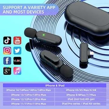 EJCC Wireless Microphone for iPhone iPad(2 TX + 1 RX + Charging Case),7H Battery Life,Mini Microphone 3 Mode Denoising for Video Recording, YouTube, Vlog, TikTok, 75FT, Black
