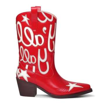 HOCHFART Metallic Cowboy boots for Women Mid Calf Low Heel Pointed Toe Womens Cowgirl Boots Fashion ...