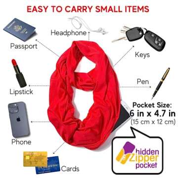 elzama Infinity Loop Solid Color Scarf With Hidden Zipper Pocket For Women, Travel Neck Wrap